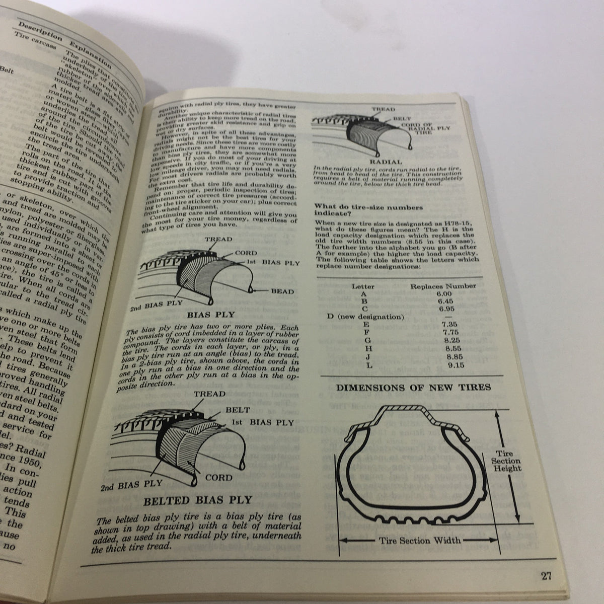 Information about tire types and specifications from the 1976 Ford Motor Company Car Buying Made Easier Catalog.