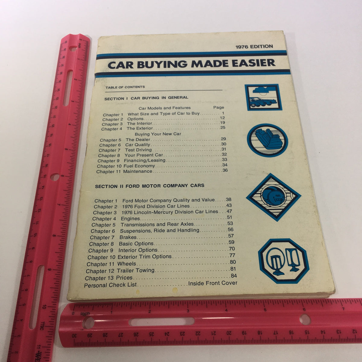 Front cover of the 1976 Ford Motor Company Car Buying Made Easier Catalog, featuring the table of contents and sections on car models and features, designed to assist buyers in navigating the car purchasing process.