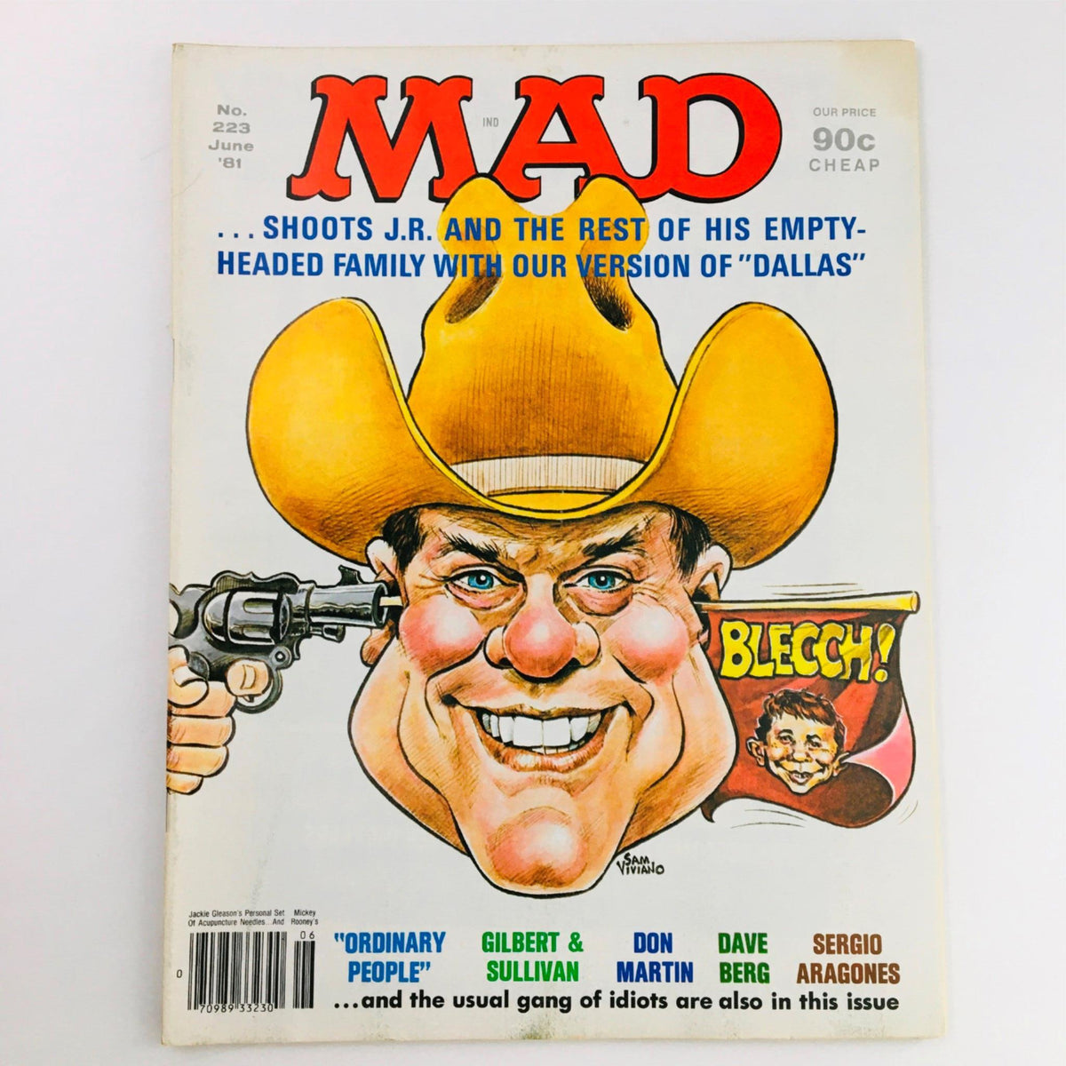 Cover of Mad Magazine June 1981 No. 223 featuring the iconic 'Who Shot J.R.?' storyline, showcasing a humorous illustration with a cowboy wearing a yellow hat holding a revolver, representing the Dallas TV series. Fine/FN 6.0 condition collectible magazine.