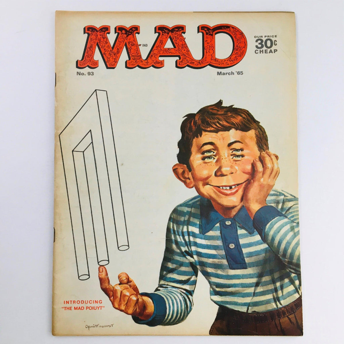 Cover of Mad Magazine March 1965 No. 93 titled 'The Mad Poiuyt', featuring a smiling boy with a quirky expression, wearing a striped shirt. The cover showcases vibrant colors and humorous artwork representative of the 1960s pop culture.