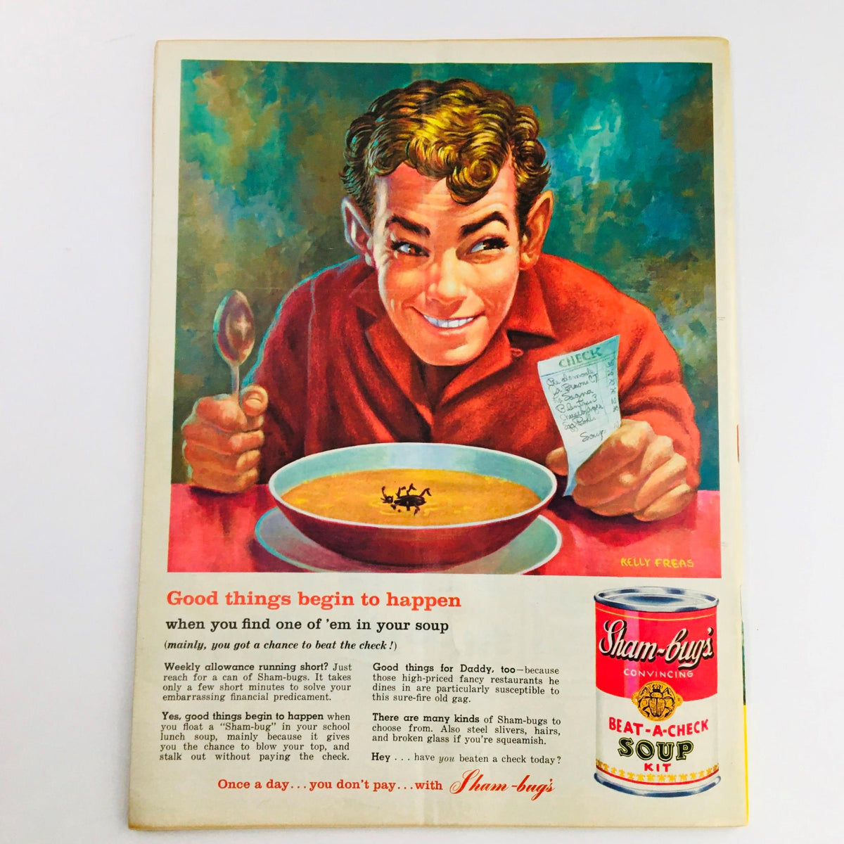 Back cover of Mad Magazine September 1960 No. 57 Special Summer Issue showcasing a boy grinning with a spoon and a bowl of soup, highlighting comedic content.