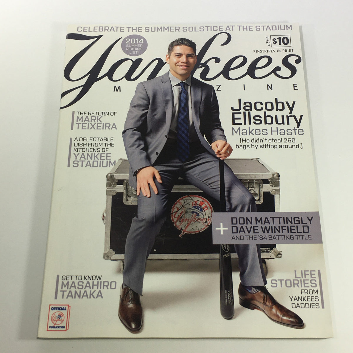 Yankees Magazine June 2014 Volume #35-4 featuring Jacoby Ellsbury, showcasing his career highlights and a stylish cover photo with him in a suit.