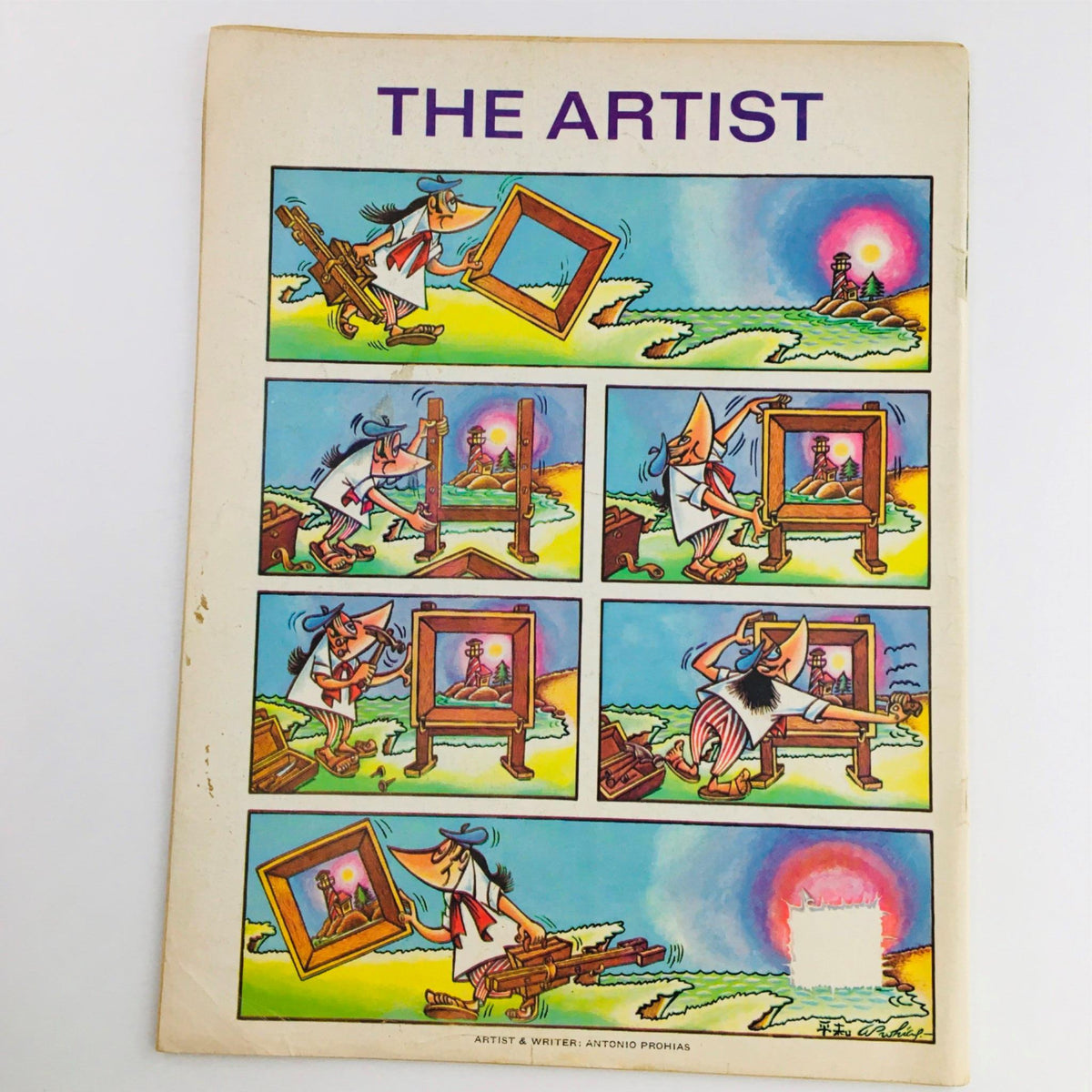 Back cover illustration from Mad Magazine October 1970 No. 138: The Artist by Antonio Prohias, depicting a comedic scene of an artist humorously interacting with art frames, emphasizing the magazine's classic humor.
