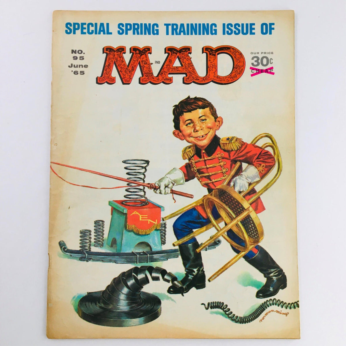 Mad Magazine June 1965 No. 95 Special Spring Training Issue cover featuring a cheerful boy dressed as a soldier playing with spring toys, reflecting vintage humor and nostalgia.