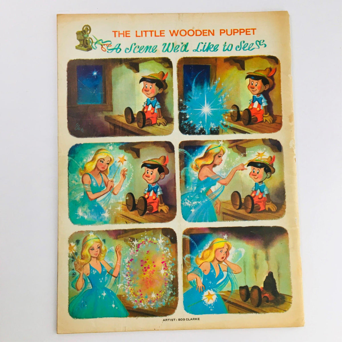 The back cover of Mad Magazine June 1965 No. 95 showcasing scenes from 'The Little Wooden Puppet', illustrating a whimsical story with vibrant colors and character depictions.