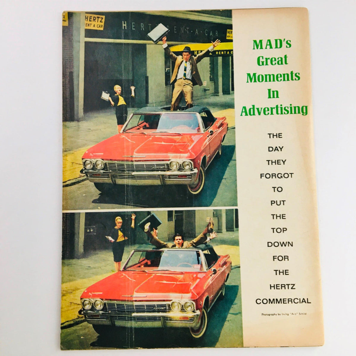 Mad Magazine special edition titled "MAD's Great Moments In Advertising" featuring an image of a man standing on a red convertible with a woman beside him, promoting humorous takes on advertising practices.