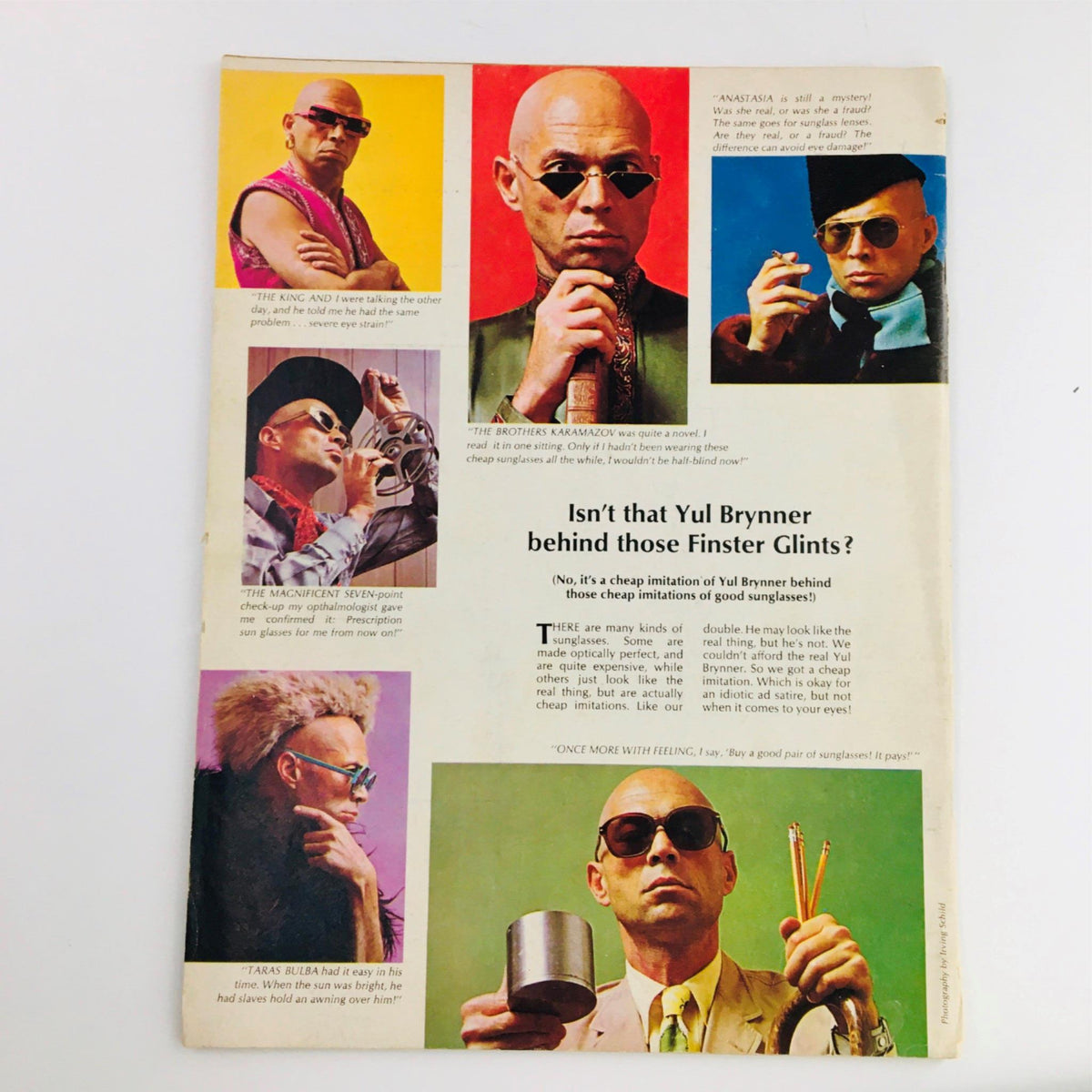 Back cover of Mad Magazine December 1967 No. 115, humorously featuring various characters and a comedic narrative about sunglasses imitating Yul Brynner.
