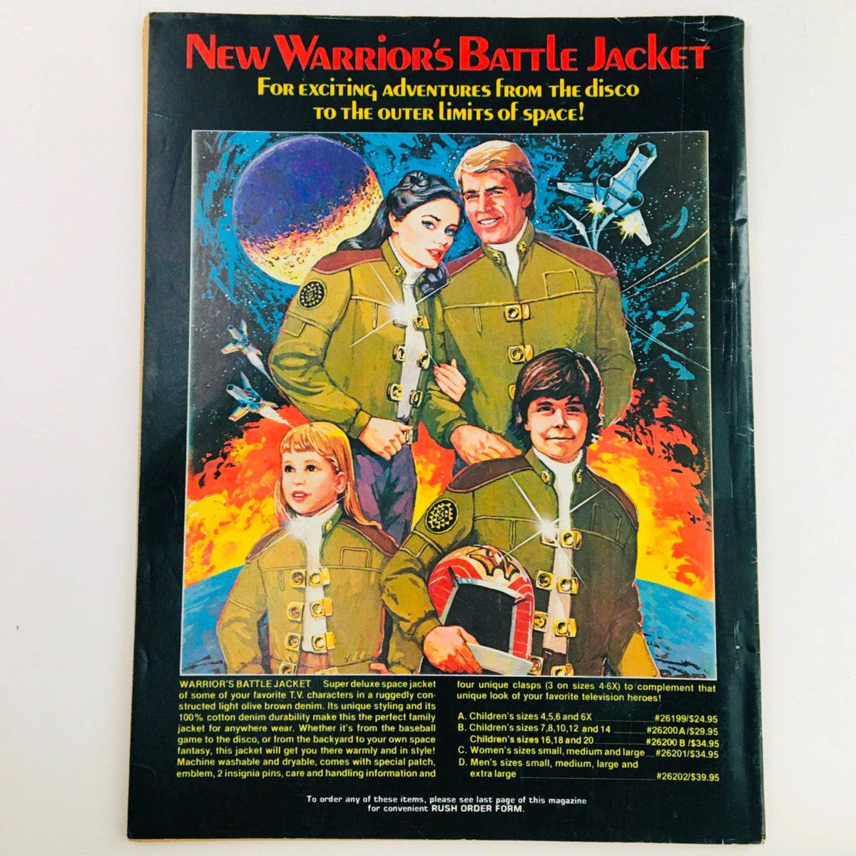 Back cover of Eerie Magazine August 1980 #113 featuring an advertisement for the New Warrior's Battle Jacket. The illustration shows characters in space-themed jackets, highlighting the magazine's connection to sci-fi adventures.