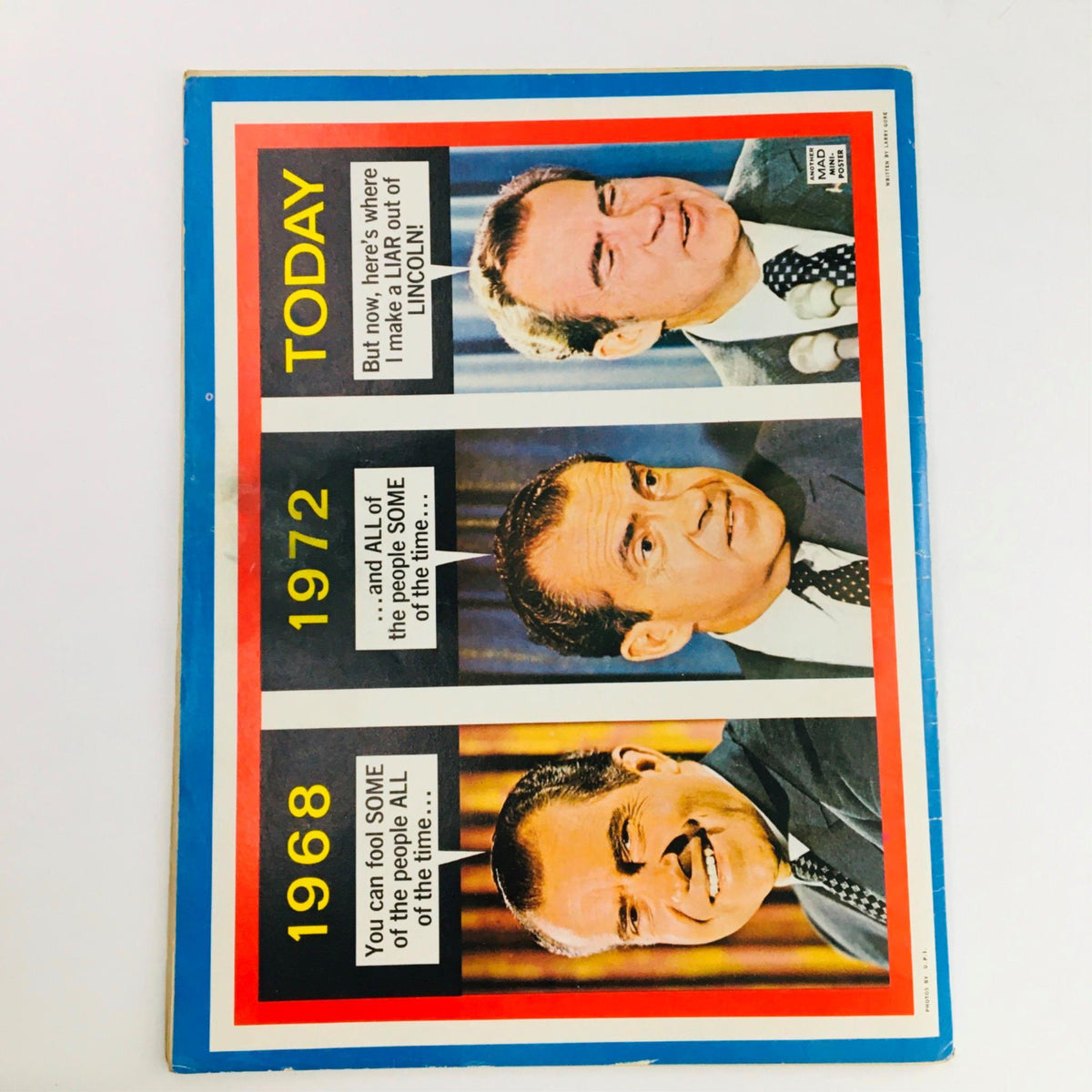 Back cover of Mad Magazine September 1973 No. 161 showcasing a comedic portrayal of political commentary with images from the 1960s and 1970s, emphasizing the magazine's satirical take on contemporary events.
