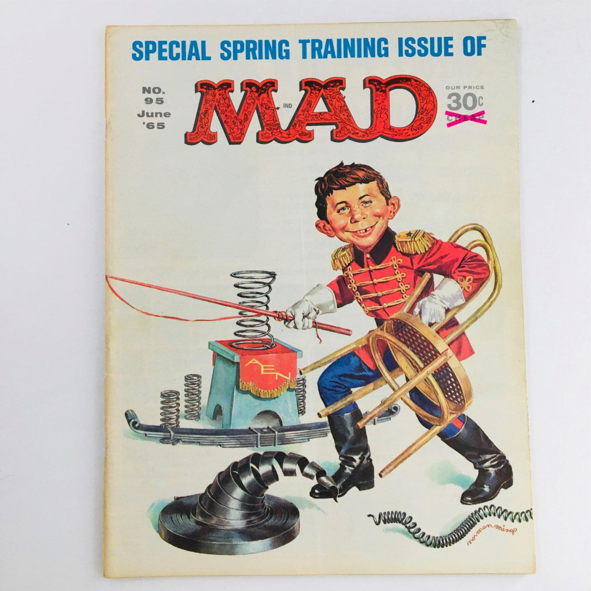 Mad Magazine June 1965 No. 95 Special Spring Training Issue cover featuring a character in military attire surrounded by whimsical objects, ideal for collectors of vintage magazines.