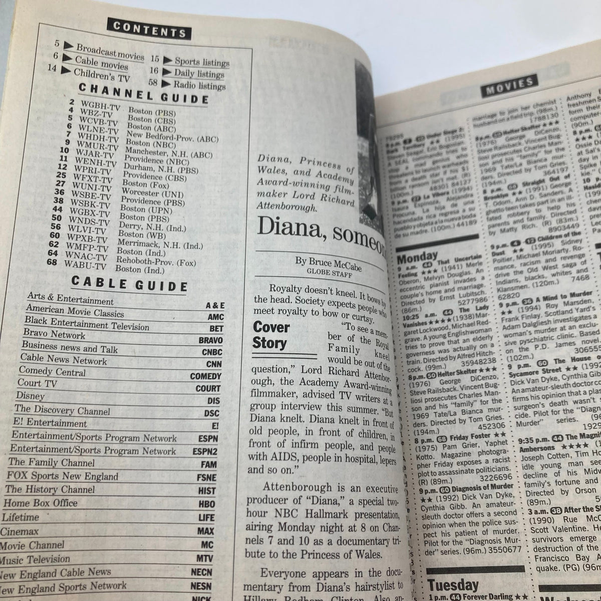 Inside page of The Boston Globe TV Week Magazine dated August 30, 1998, with a channel guide and article about Princess Diana.