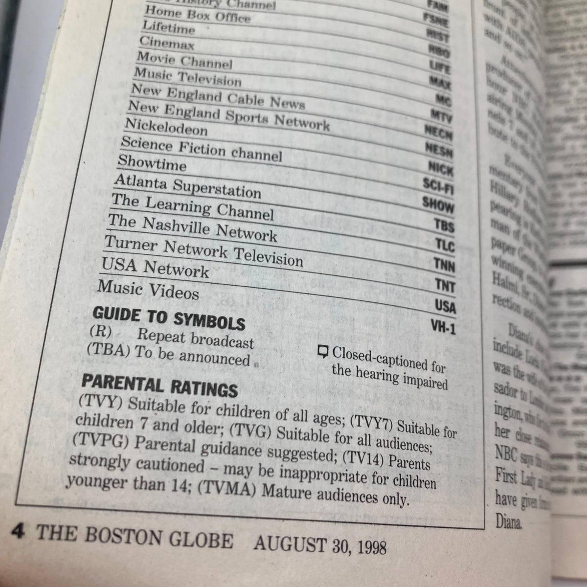 Contents page from The Boston Globe TV Week Magazine August 30, 1998, listing cable channels and ratings with reference to Princess Diana.