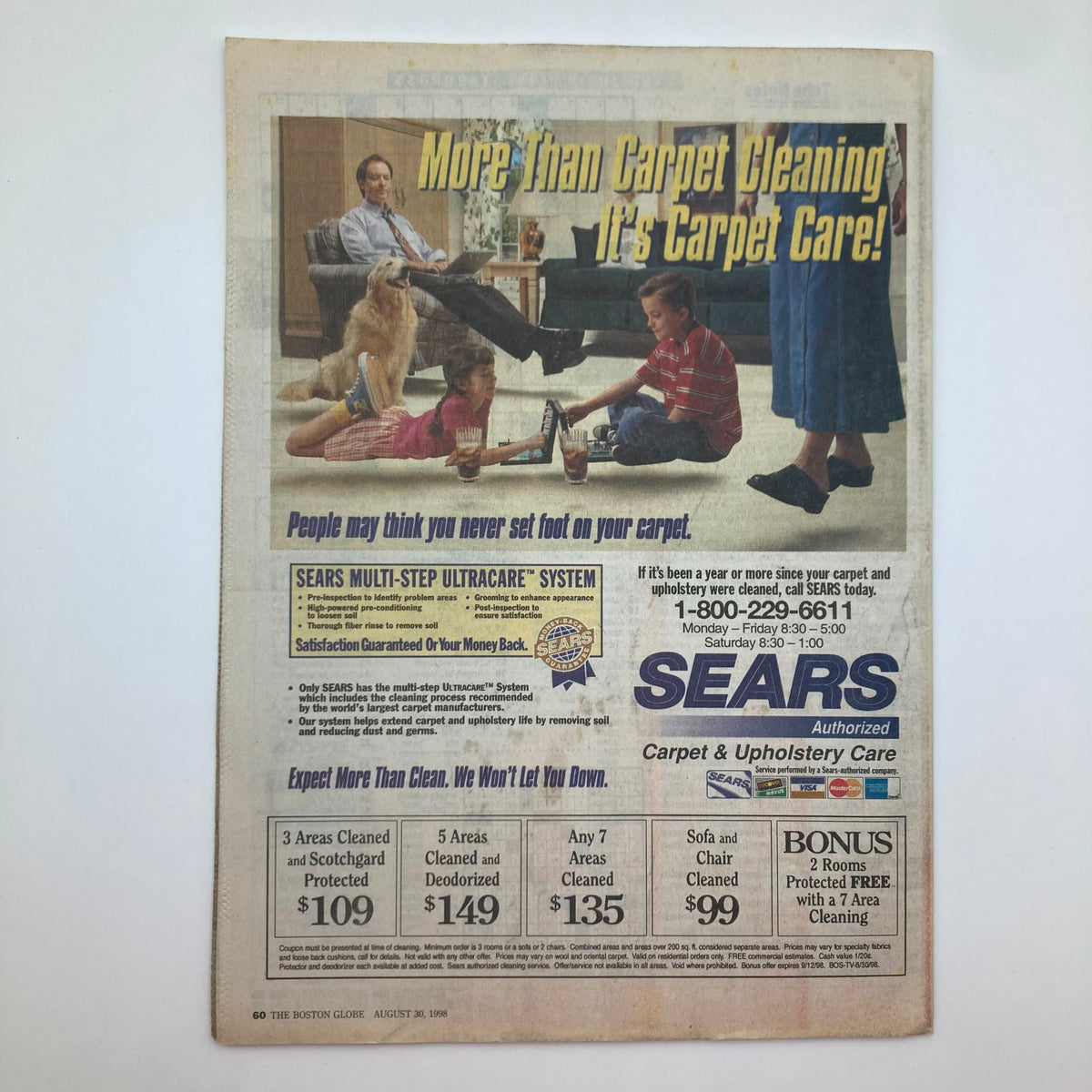 Back cover advertisement of The Boston Globe TV Week Magazine August 30, 1998, promoting Sears carpet cleaning services.