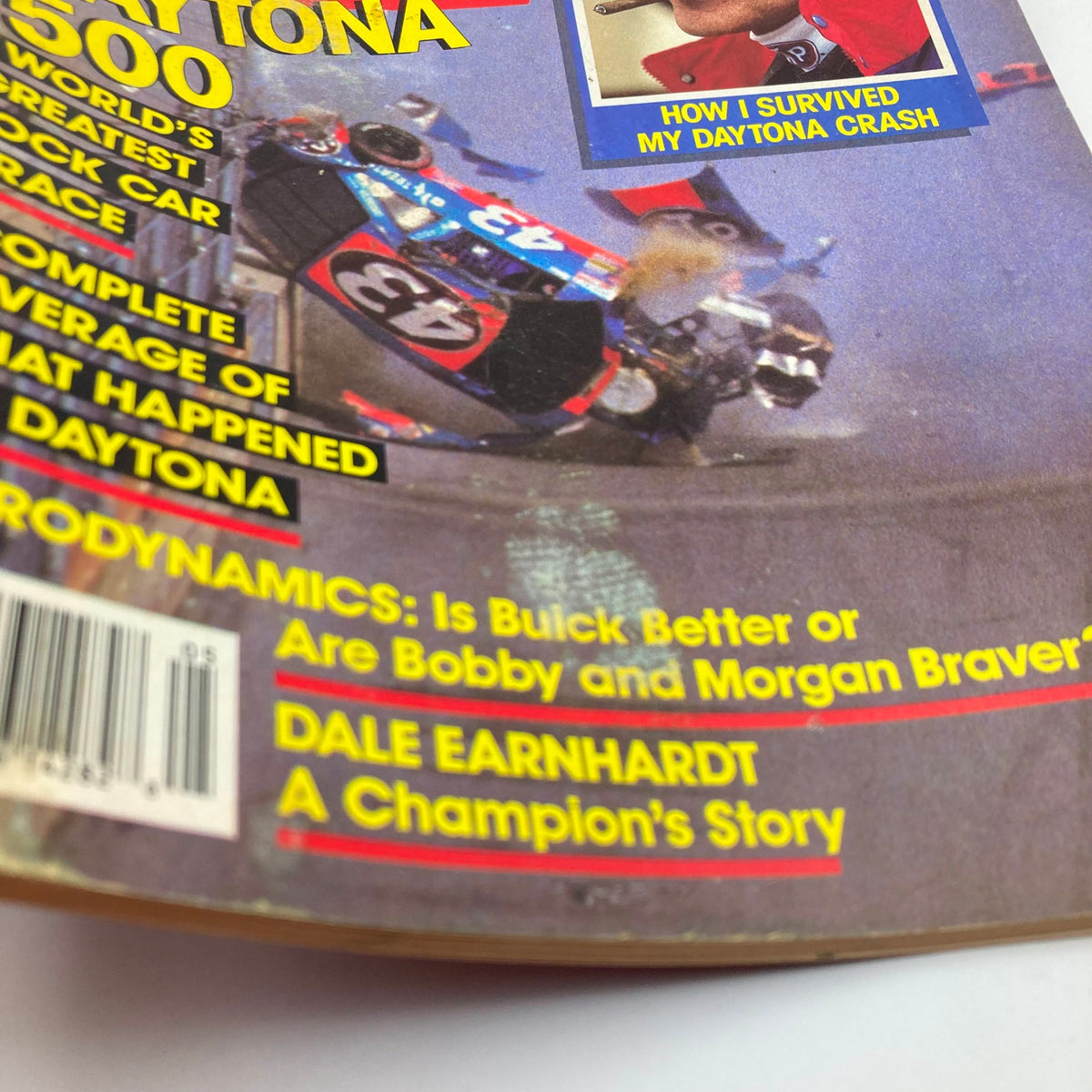 Close-up view of the cover of VTG Stock Car Racing Magazine May 1988, showcasing Richard Petty's column and promotional features related to the Daytona 500.