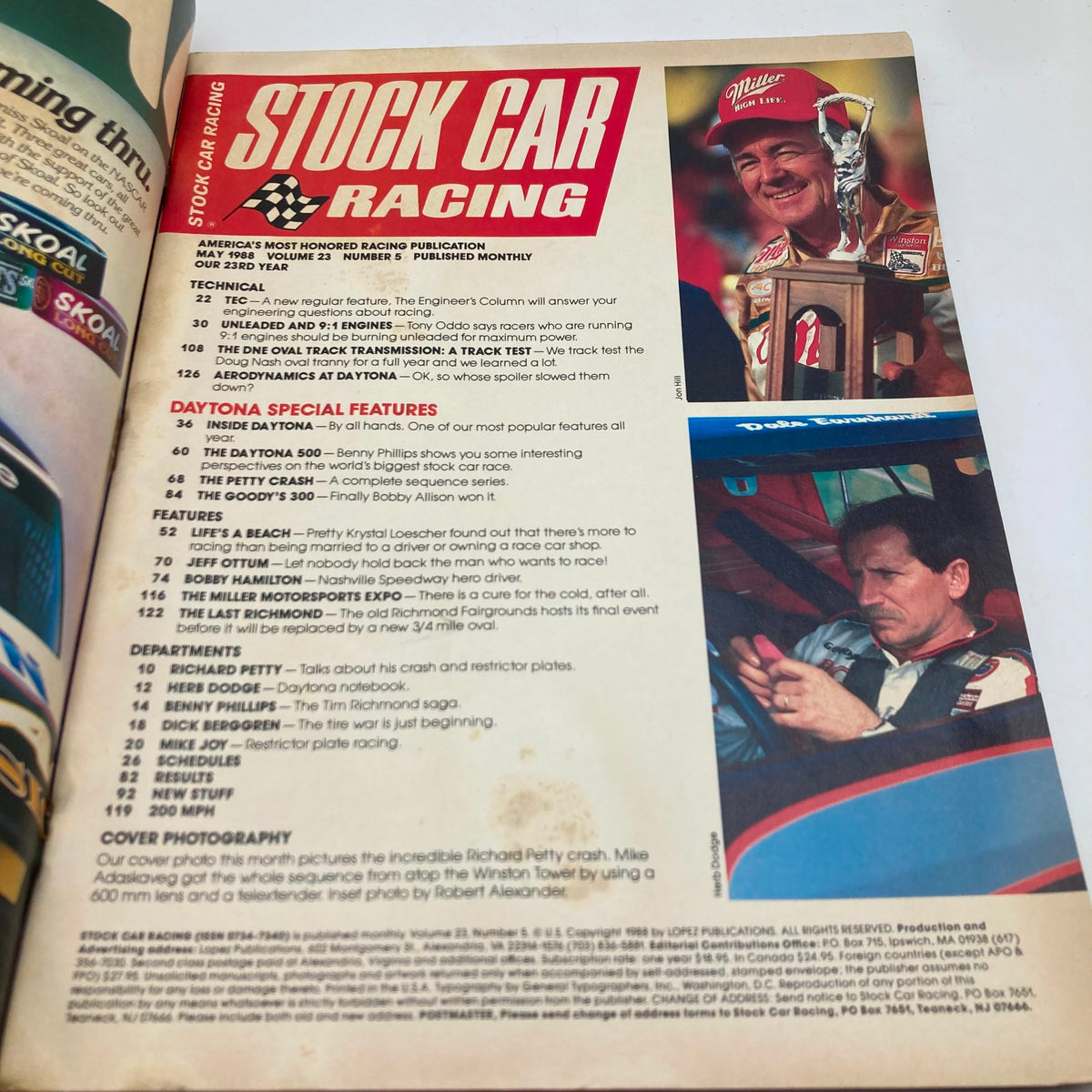 Inside spread of VTG Stock Car Racing Magazine May 1988, detailing Daytona special features with images and text about racing legends.