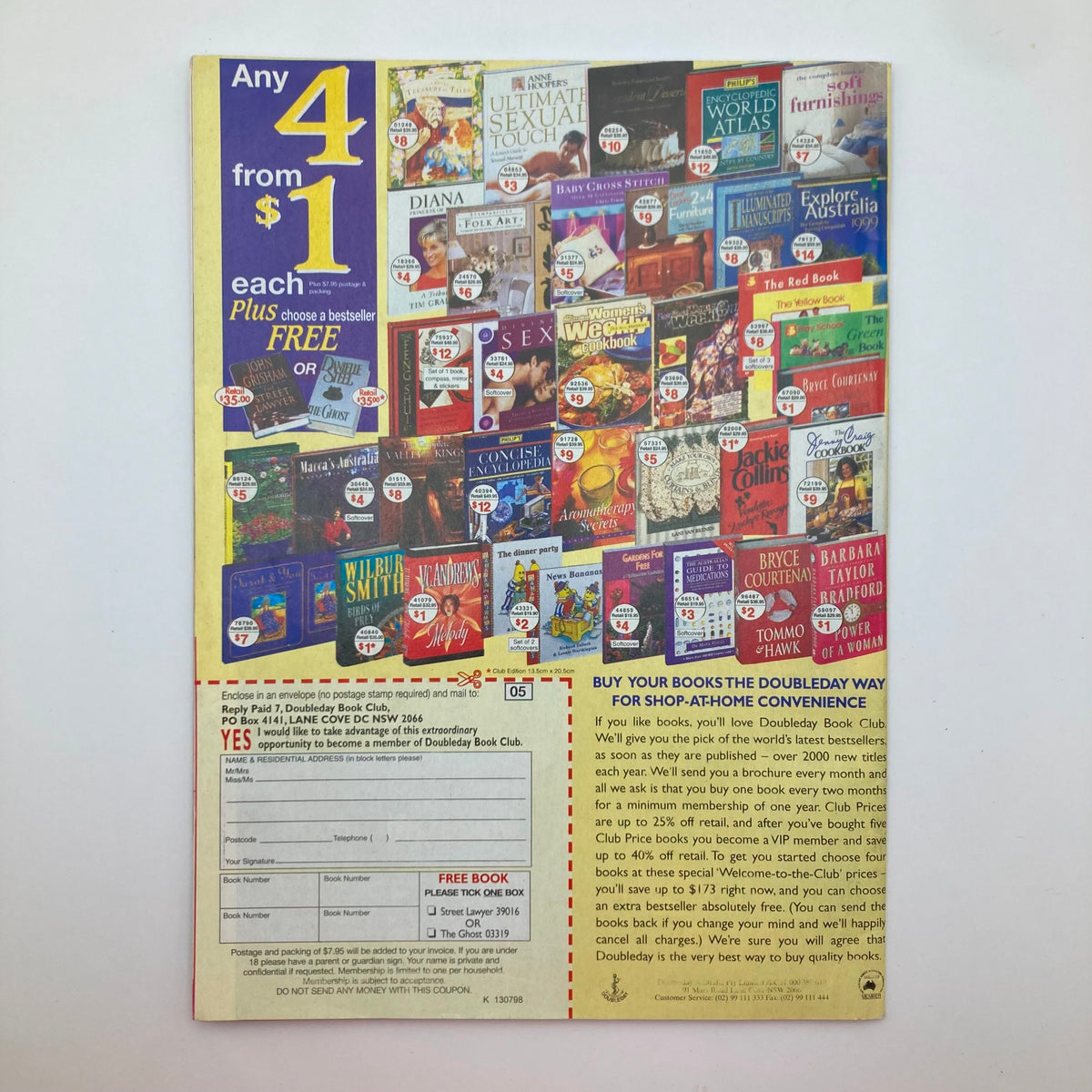 Back cover of New Idea Magazine from July 18, 1998 displaying selections from the Doubleday Book Club, including books related to Diana.