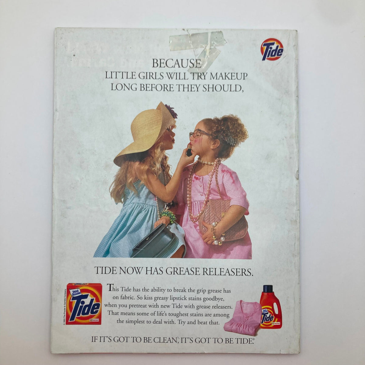 Back cover of Ladies' Home Journal Magazine August 1993 showing a Tide advertisement featuring children playing with makeup, emphasizing Tide's grease release capabilities.