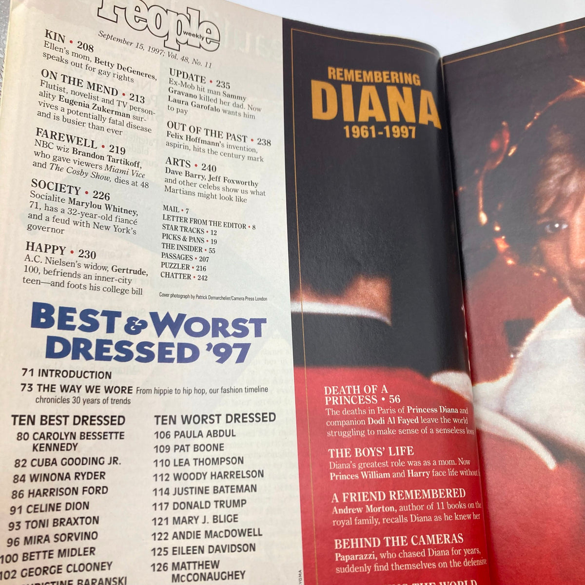 Interior page of People Weekly Magazine from September 15, 1997, featuring articles including 'Best & Worst Dressed' and 'Remembering Diana'.