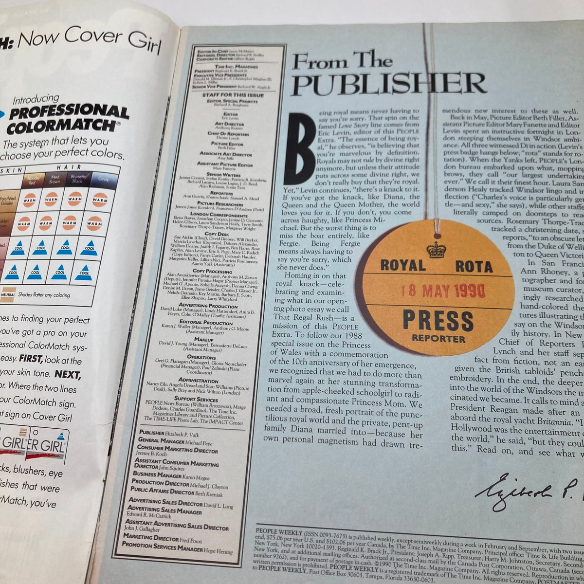 Inside page of People Weekly Magazine Fall 1990 'The Decade of Diana at House of Windsor', displaying a publisher's message and contributor details.