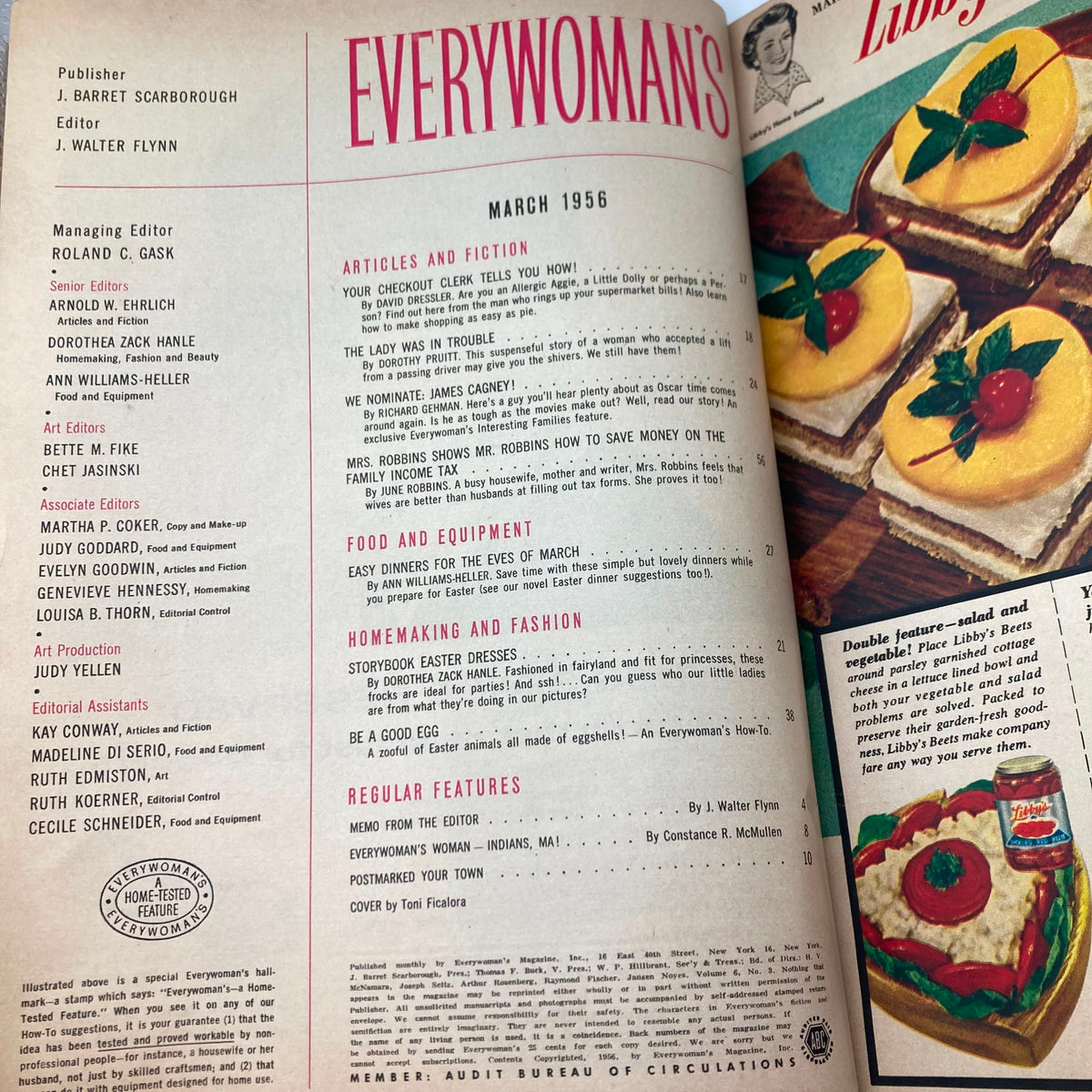 Inside page of VTG Everywoman's Magazine March 1956, showcasing the contents and articles, including features on homemaking, food, and fashion of the era.