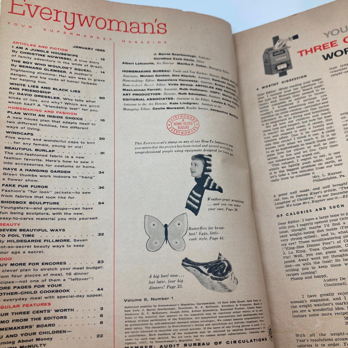Inside page of VTG Everywoman's Magazine January 1958, showcasing articles, illustrations, and advertisements related to 1950s domestic life.