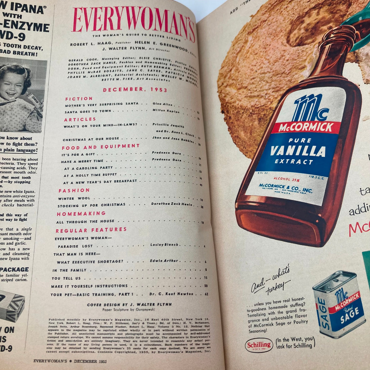 Inside page of VTG Everywoman's Magazine December 1953 displaying the table of contents, featuring articles about Christmas and holiday preparations.