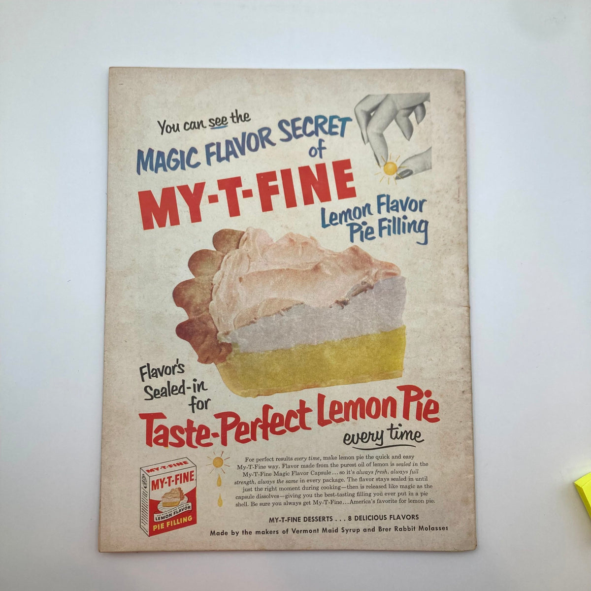 Back cover of VTG Everywoman's Magazine December 1953 displaying an advertisement for My-T-Fine Lemon Flavor Pie Filling, promoting easy pie-making.