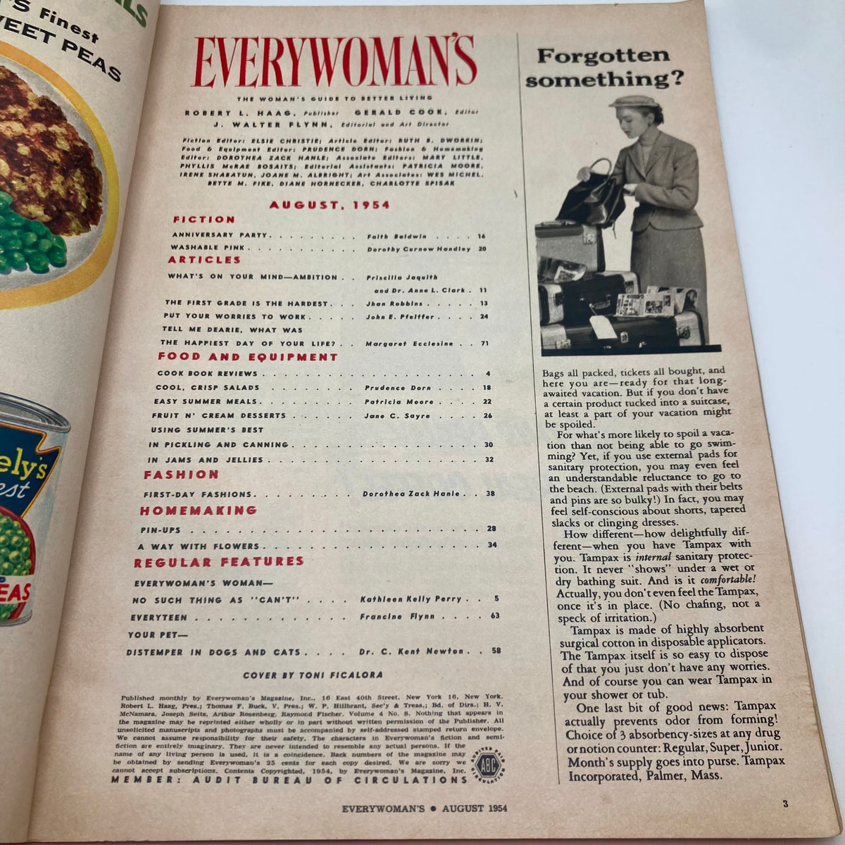 Inside page of VTG Everywoman's Magazine August 1954 showcasing the table of contents, listing articles on fiction, homemaking, and food-related features.