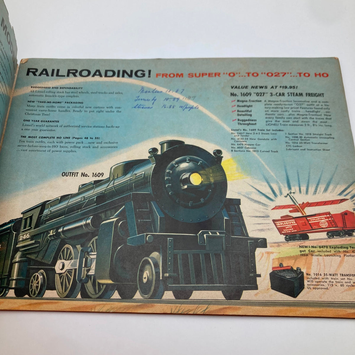 Interior page of the 1959 Lionel Model Railroad Train 'O27' Super 'O' and Ho Catalog featuring a steam locomotive and product descriptions.