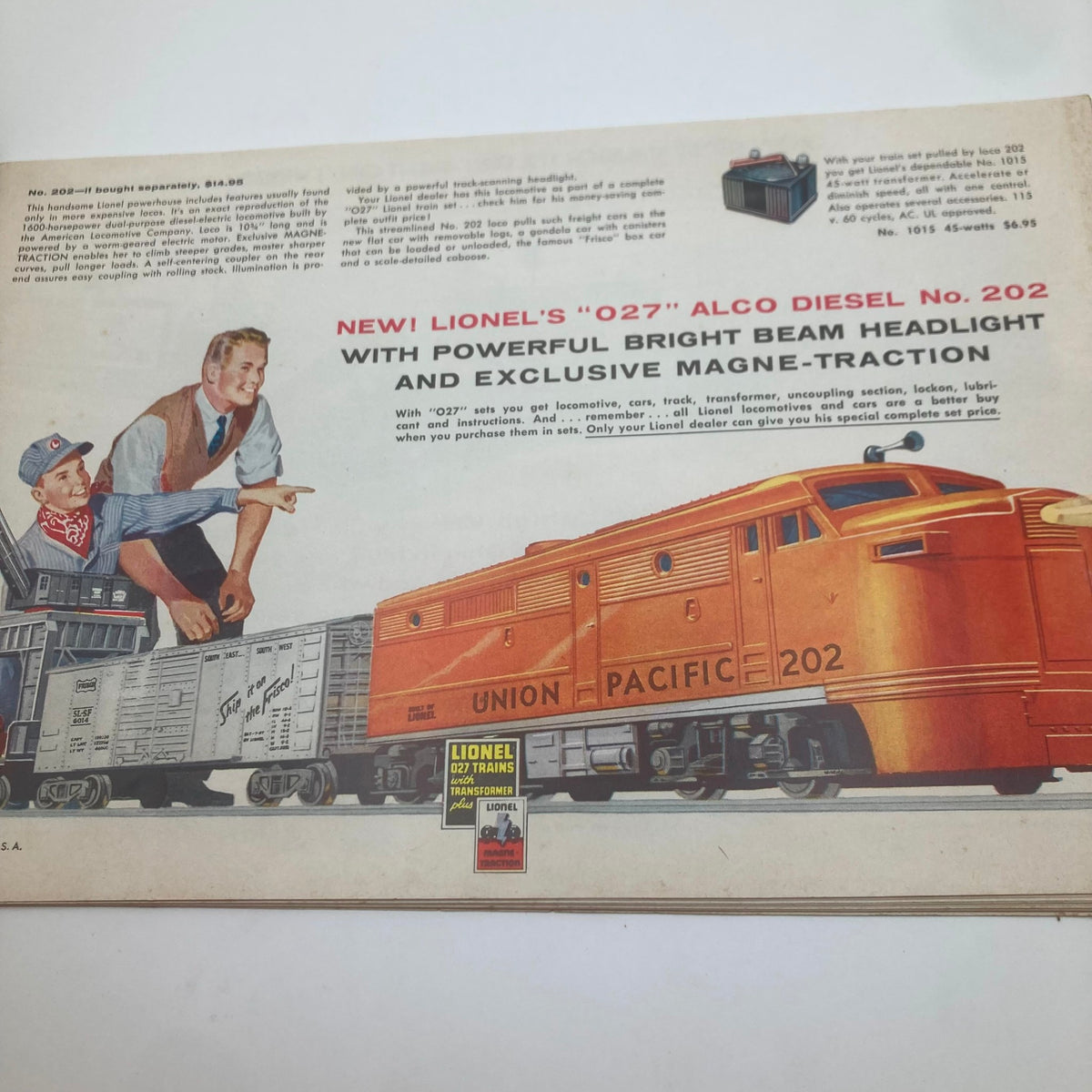 Page from the 1957 Lionel Model Railroad Train New Super 'O' Track Catalog showcasing the Lionel '027' Alco Diesel No. 202 and its features.