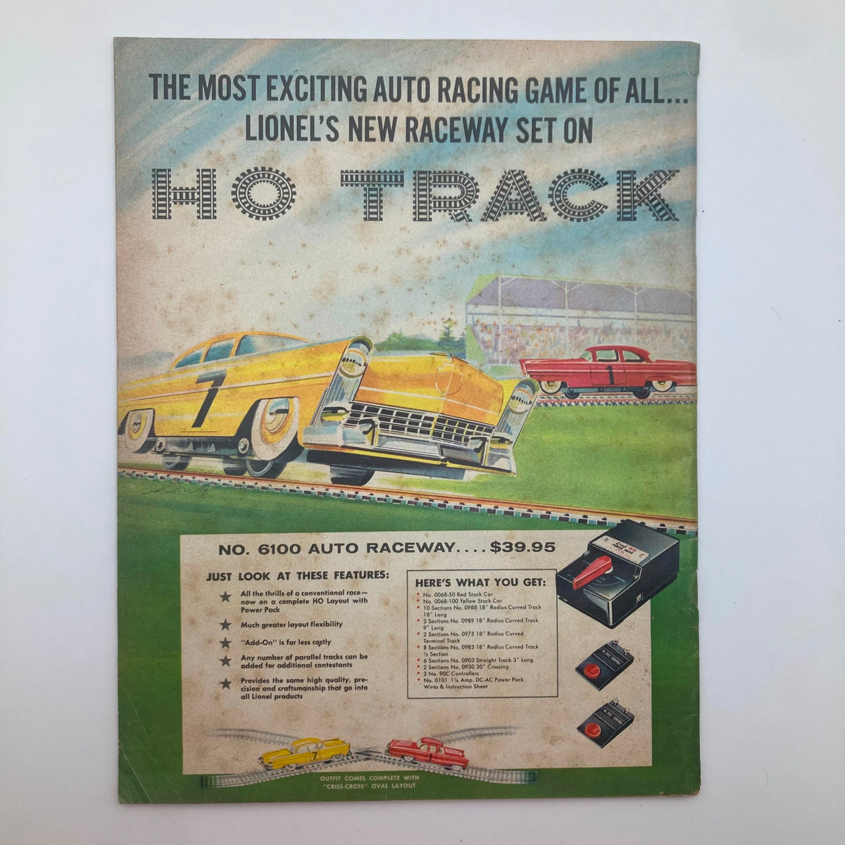 Cover of the 1961 Lionel Model Railroad Train Porter Science Lines Catalog highlighting Lionel's HO Track Auto Raceway set, featuring colorful illustrations of vintage race cars and key features of the racing game.