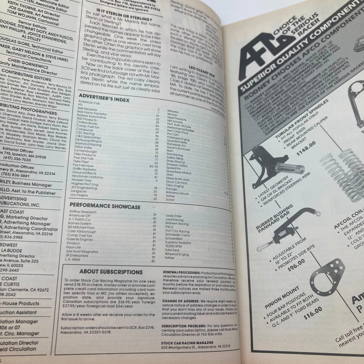 Interior page of VTG Stock Car Racing Magazine January 1987 showing the Advertiser's Index and Performance Showcase, highlighting various racing components and contributors.