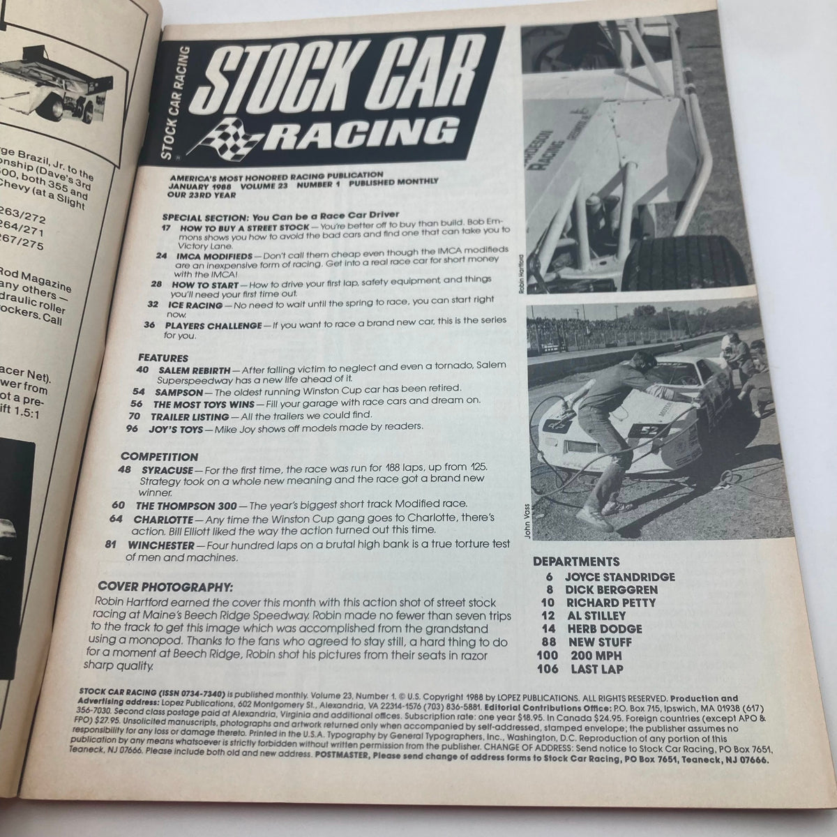 Interior page from VTG Stock Car Racing Magazine January 1988 featuring articles and features about stock car racing, including a special section on being a race car driver.