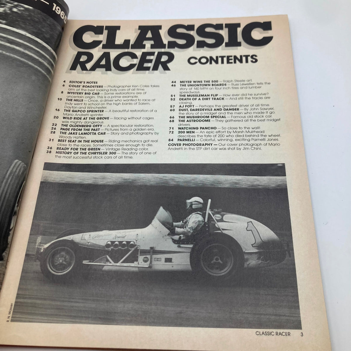 Contents page of VTG Classic Racer Magazine April 1989, highlighting articles and features about vintage racing cars and events.