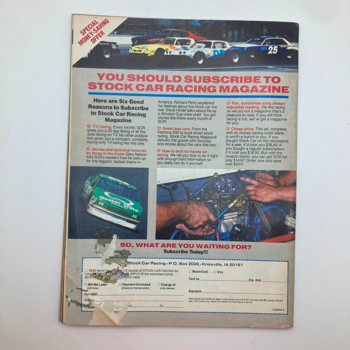 Back cover of VTG Classic Racer Magazine April 1989, promoting subscription offers for Stock Car Racing Magazine with images of racing cars.
