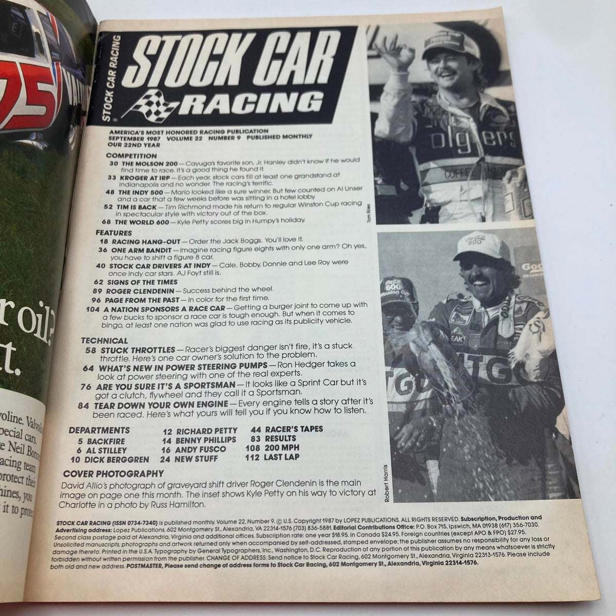 Inside page of VTG Stock Car Racing Magazine September 1987 featuring Roger Clendenin, including articles and technical content about stock car racing.