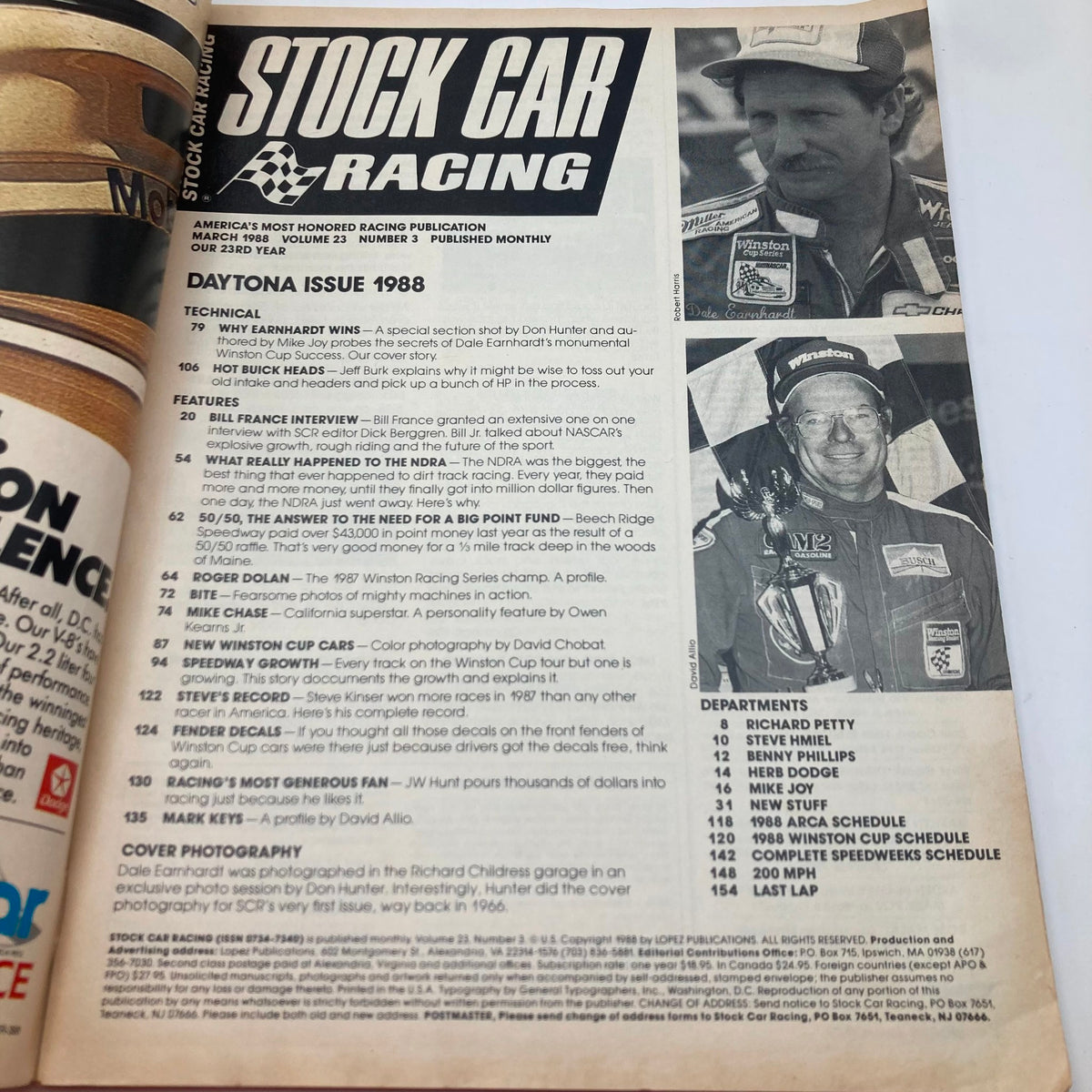 Inside page of VTG Stock Car Racing Magazine March 1988 showcasing the contents with articles including 'Why Earnhardt Wins' and interviews with NASCAR figures.