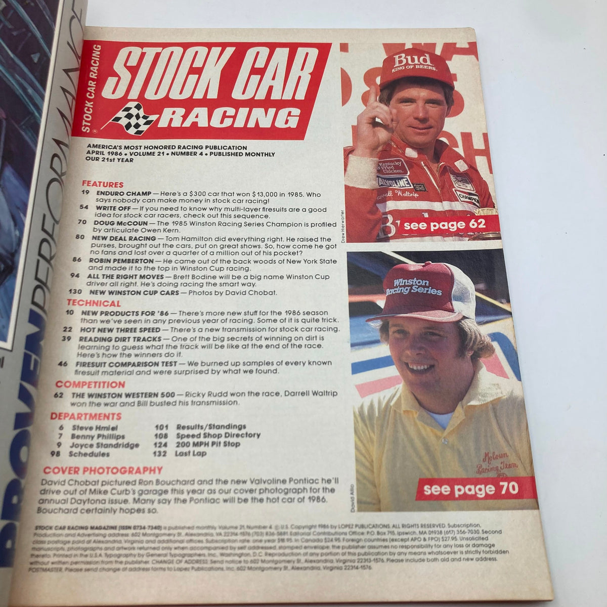 Inside page of Vintage Stock Car Racing Magazine April 1986 showcasing features and articles, including coverage on racing technology and Winston Cup cars.