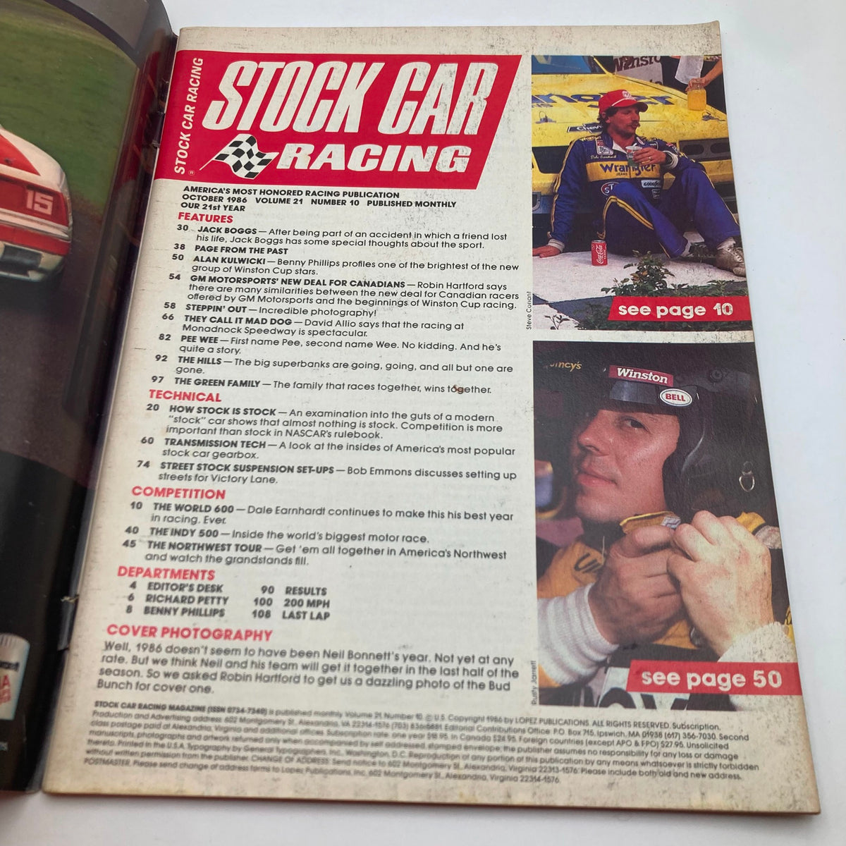 Inside page of VTG Stock Car Racing Magazine October 1986 showcasing feature articles and images related to prominent stock car racing personalities, capturing insights into the racing environment of the time.