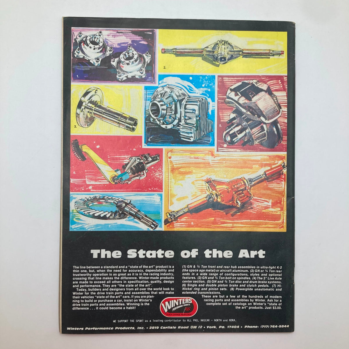 Winter Performance Products advertisement featuring various high-performance racing components. This colorful illustration showcases parts such as carburetors, rear axles, and hydraulic systems, emphasizing the state-of-the-art technology in stock car racing. The ad complements the VTG Stock Car Racing Magazine December 1982 by Jack Kromer and Herb Dodge.