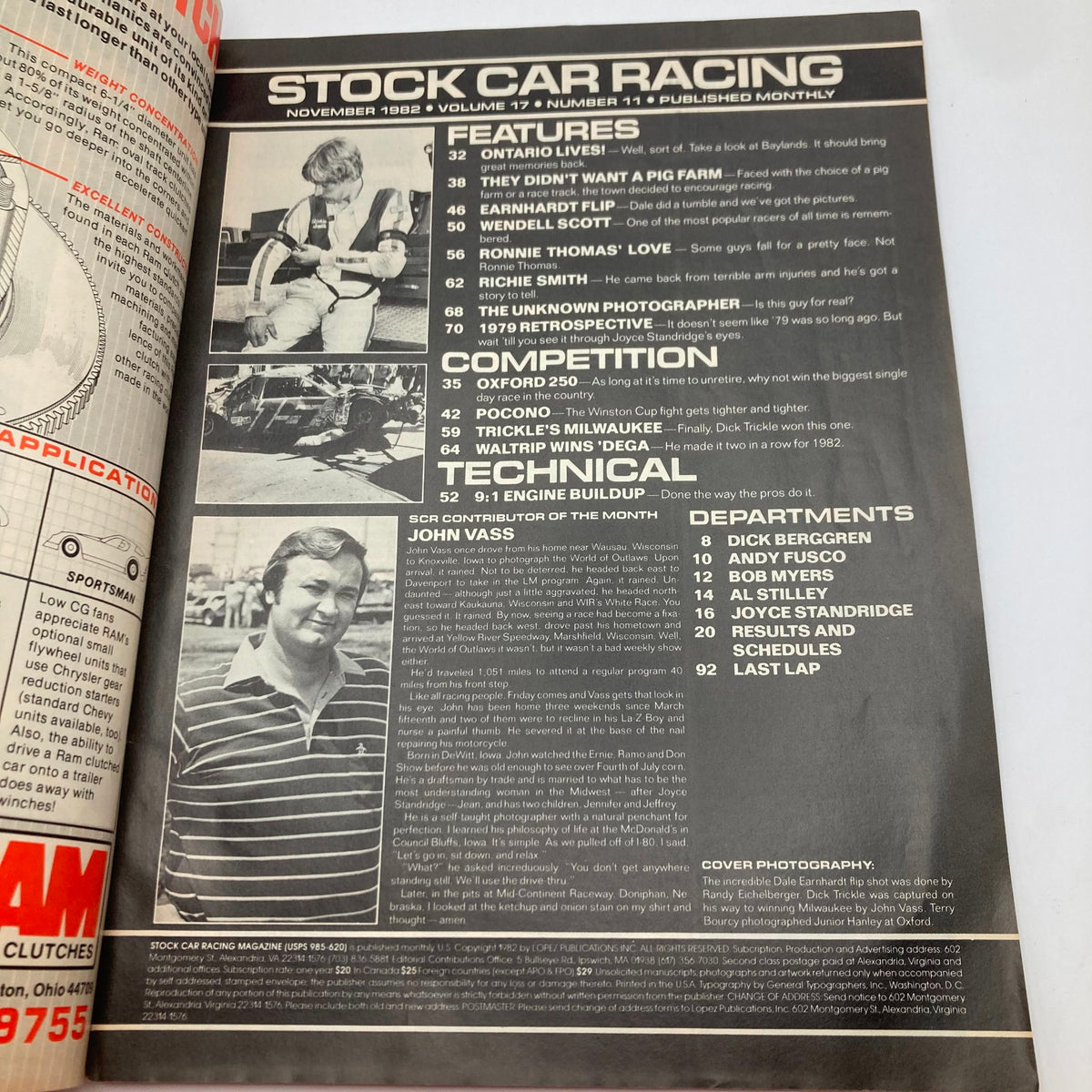 Inside spread of VTG Stock Car Racing Magazine November 1982, detailing features and content including Dale Earnhardt's Pocono performance and racing insights.