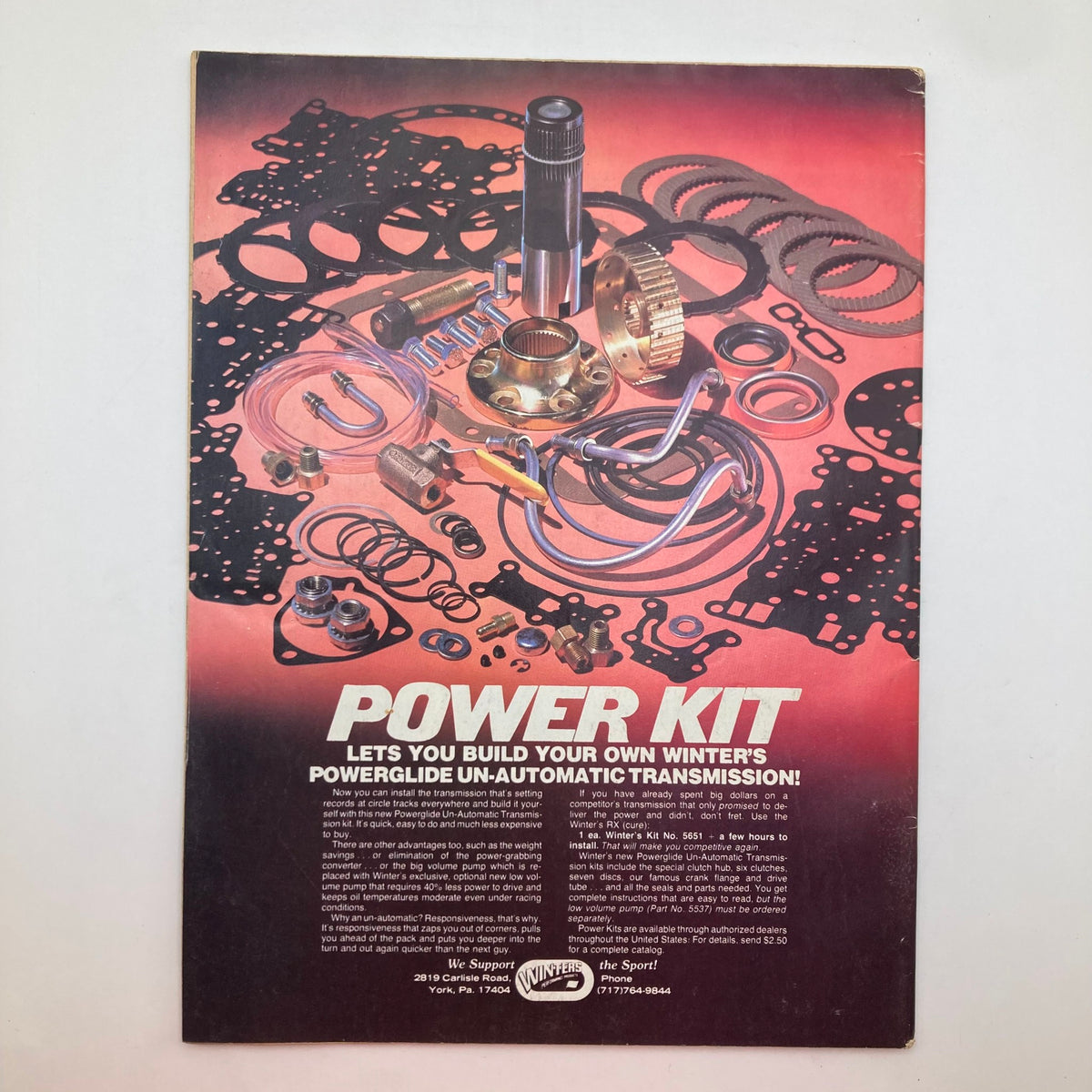 Back cover of VTG Stock Car Racing Magazine November 1982 displaying a PowerKit advertisement for building transmission parts related to stock car racing.