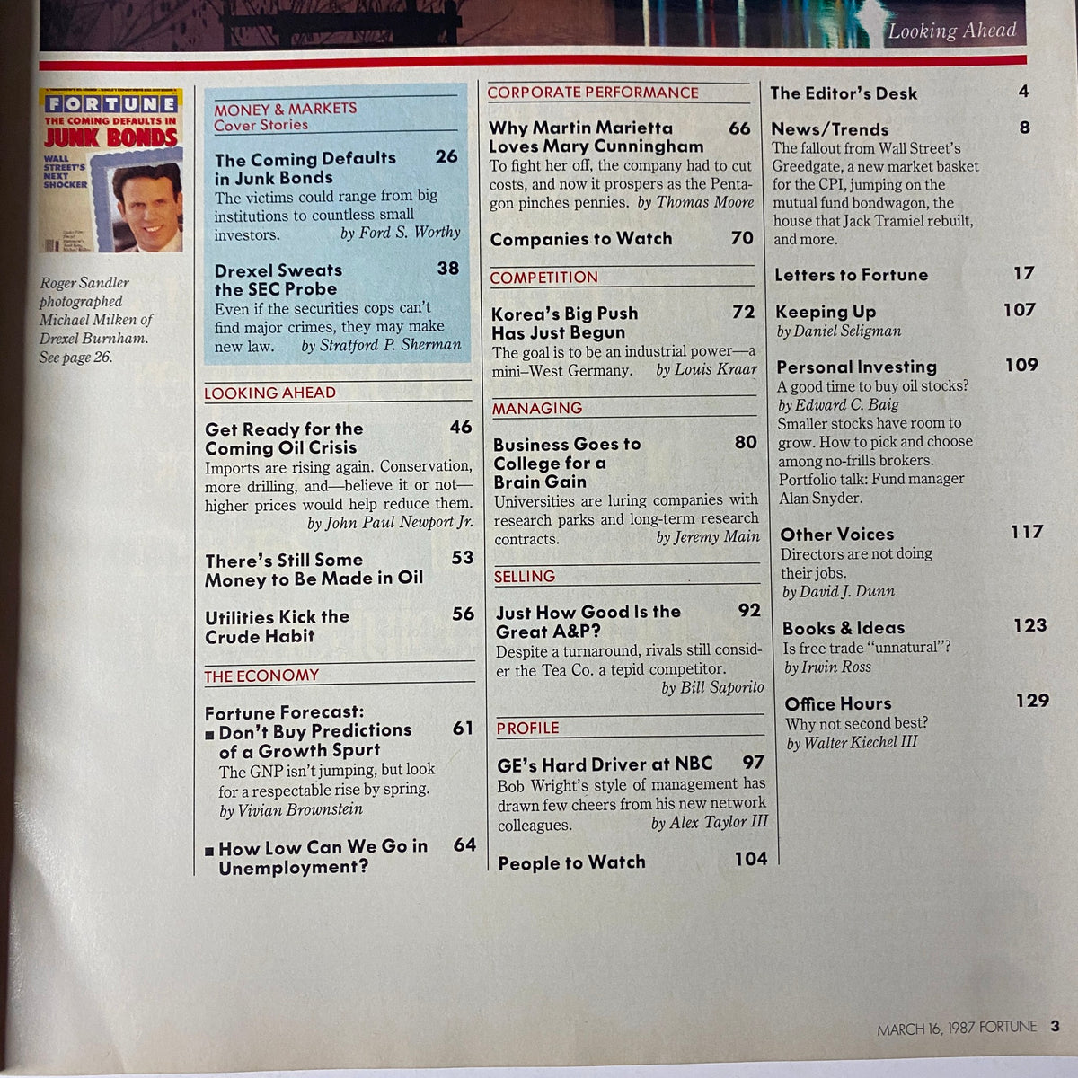 Table of contents from Fortune Magazine, March 16, 1987, listing articles including 'The Coming Defaults in Junk Bonds' and 'Drexel Sweats the SEC Probe'. This issue explores the financial landscape of the 1980s.