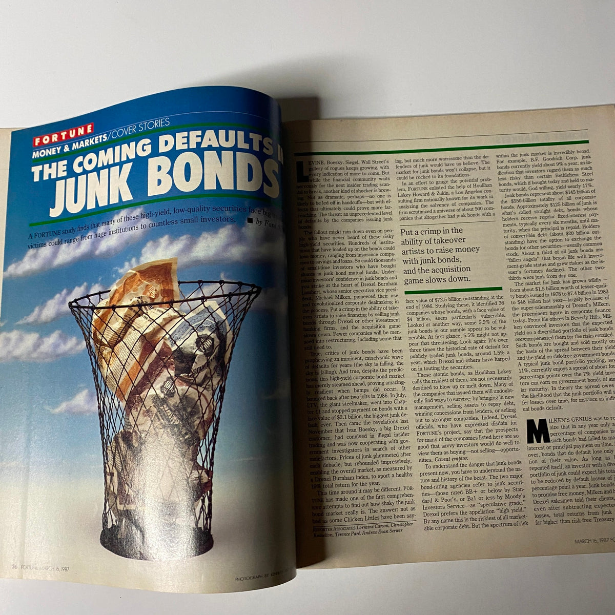 Fortune Magazine March 16, 1987 cover featuring the article 'The Coming Defaults in Junk Bonds' with a visual of a trash basket and papers, relevant to the financial market and Michael Milken's influence on junk bonds.