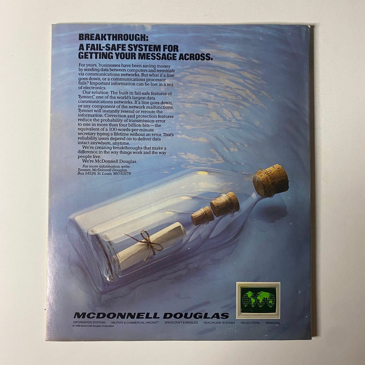 Back cover of the Fortune Magazine March 16, 1987, highlighting McDonnell Douglas's advertisement about a fail-safe communication system, showcasing a unique image of a message in a bottle in water.