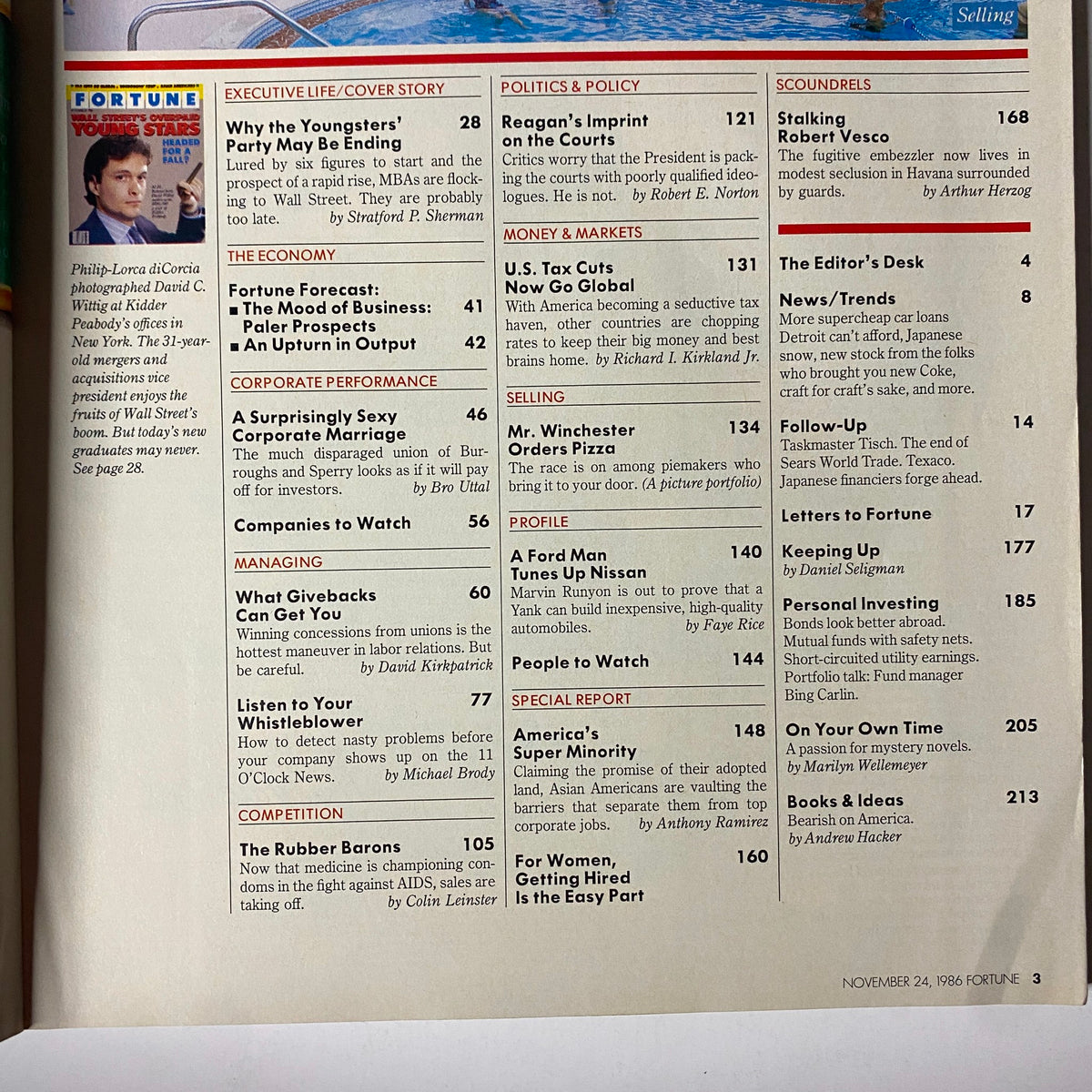 Table of contents from Fortune Magazine, November 24, 1986, highlighting articles including "Why the Youngsters' Party May Be Ending" and economic insights, relevant to the features of Kansas-born David Wittig.