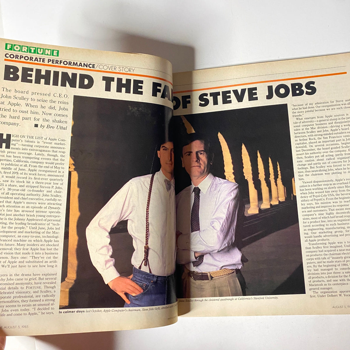 Feature article 'Behind the Fall of Steve Jobs' from Fortune Magazine August 5, 1985, discussing Steve Jobs' leadership challenges at Apple Computer with images from the magazine.