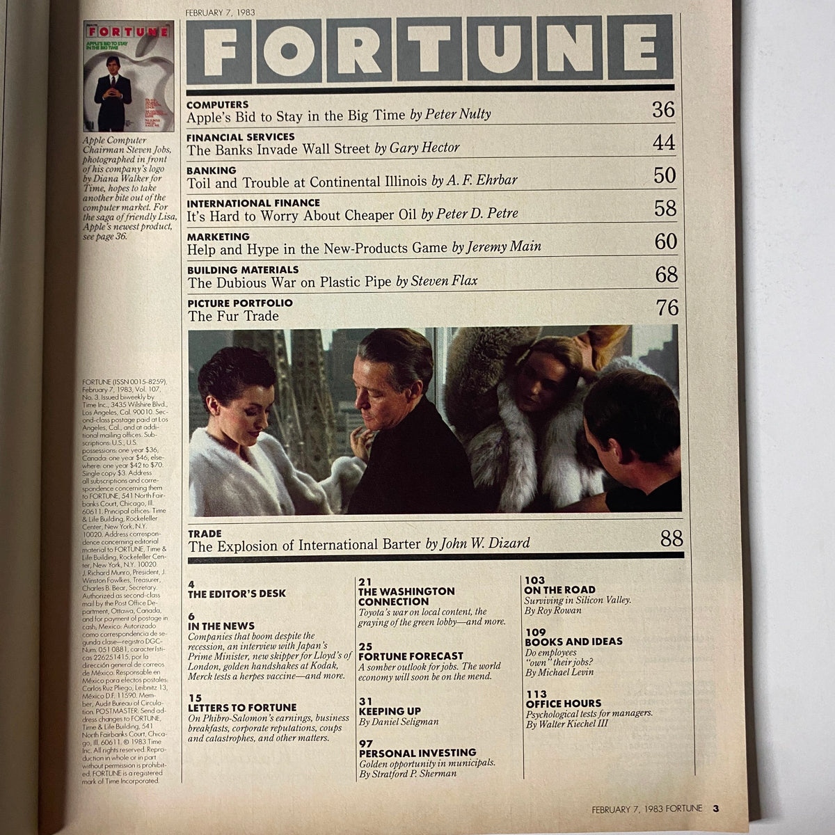 Contents page of Fortune Magazine dated February 7, 1983, featuring articles including 'Apple's Bid to Stay in the Big Time' and other financial topics, with the magazine's distinct layout and branding.