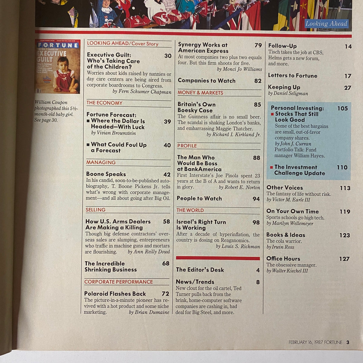 Table of contents page of Fortune Magazine, February 16, 1987, showcasing a range of articles including the cover story on 'Executive Guilt' and insights from notable business figures.
