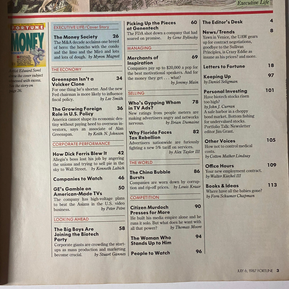 Table of contents from Fortune Magazine July 6, 1987, showcasing key articles and features including 'The Money Society' and insights on corporate performance.